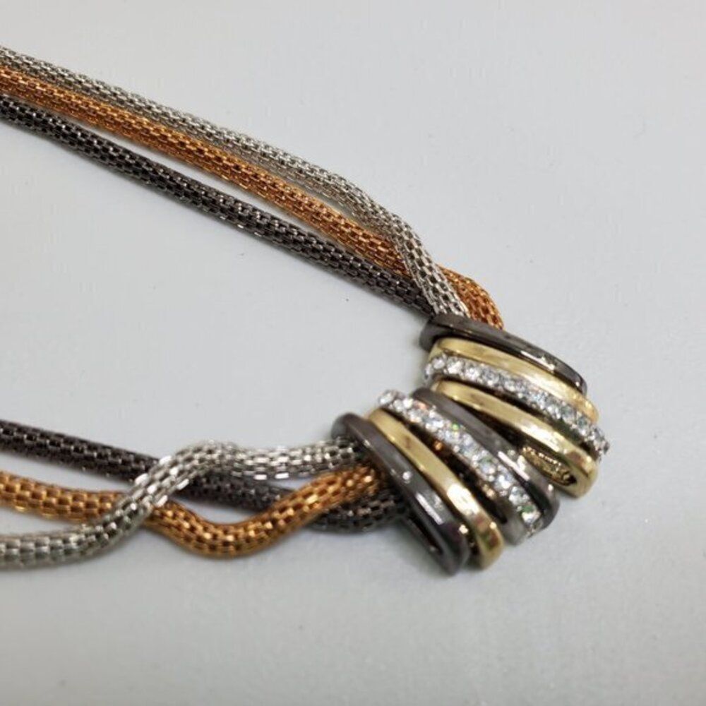 Mixed Metal Necklace Rhinestone Multi Strand Gray - Picture 2 of 8